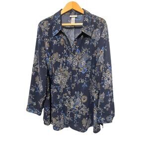 Catherine's blue long sleeve button up blouse collar pleated floral 2X 22/24